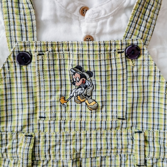 Vintage Plaid Disney Mickey Baby Overall Shorts Size 3 Months With Linen Shirt - Picture 2 of 8